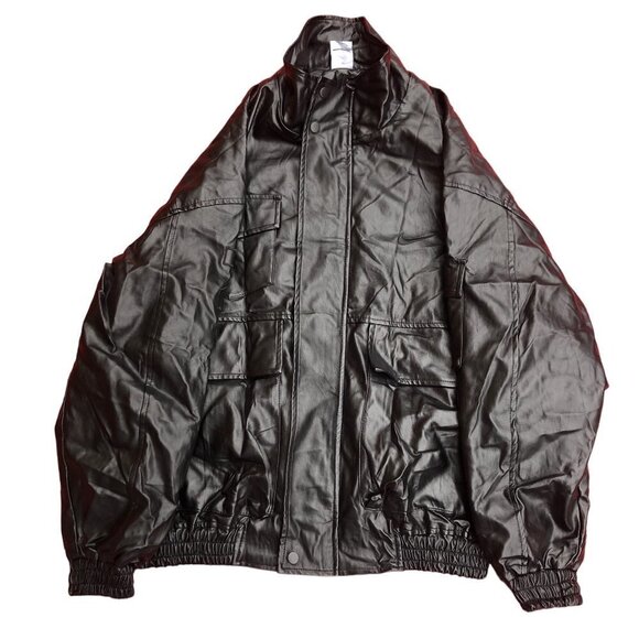 VINTAGE Nike Leather Jacket BIG LOGO Large Black - Picture 1 of 15